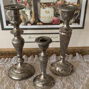 (3) Vintage Silver Plated Ornate  Candle Stick Holders. Elegant Victorian Era
